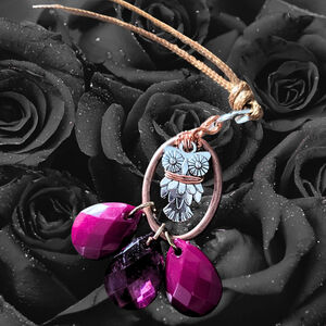 Copper Wrapped Owl Necklace with Magenta Pink Purple Drops, Adjustable Cord